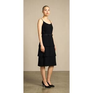 Vtg 60s Alfred Werber St Louis Black Tiered Crepe Dress Satin Belt LBD Jackie O